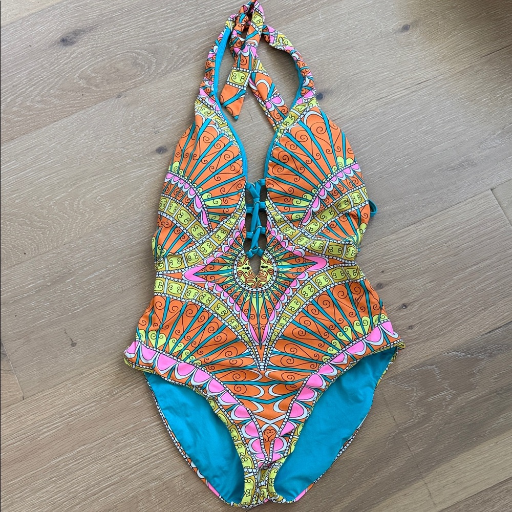 Trina Turk Women's Orange & Teal Printed One-Piece Swimsuit size 8